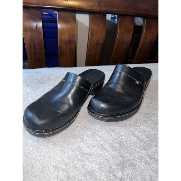ECCO Womens Slip On Clog Mules Wedge Sandals Black Leather Casual Walking - Picture 2 of 12